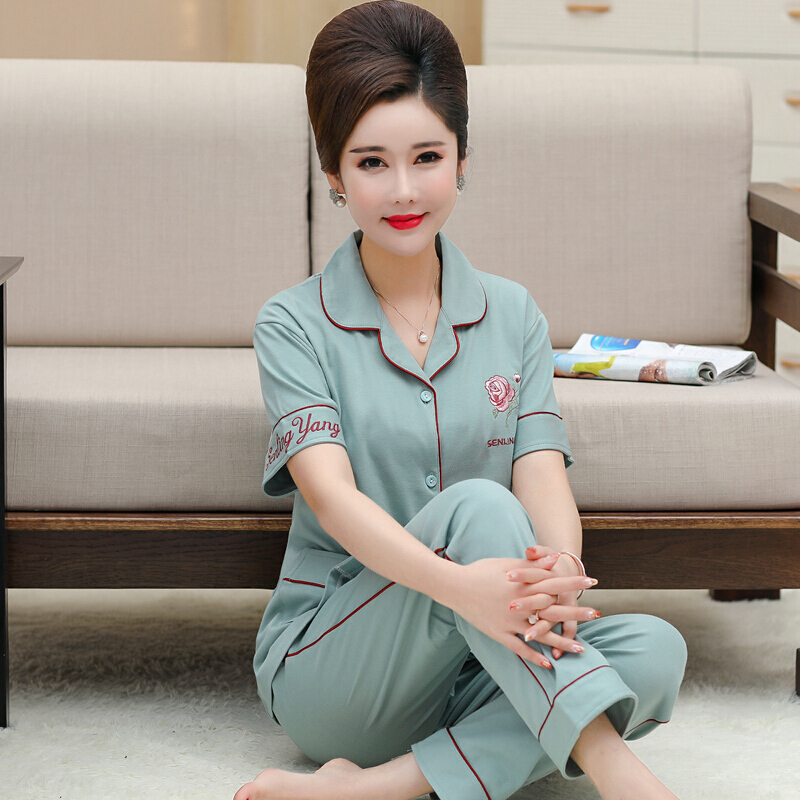 波迷娜(BOMINA)中年妈妈家居服往季夏夏天睡衣女中年人妈妈短袖棉加肥加码棉质薄款女士家居服