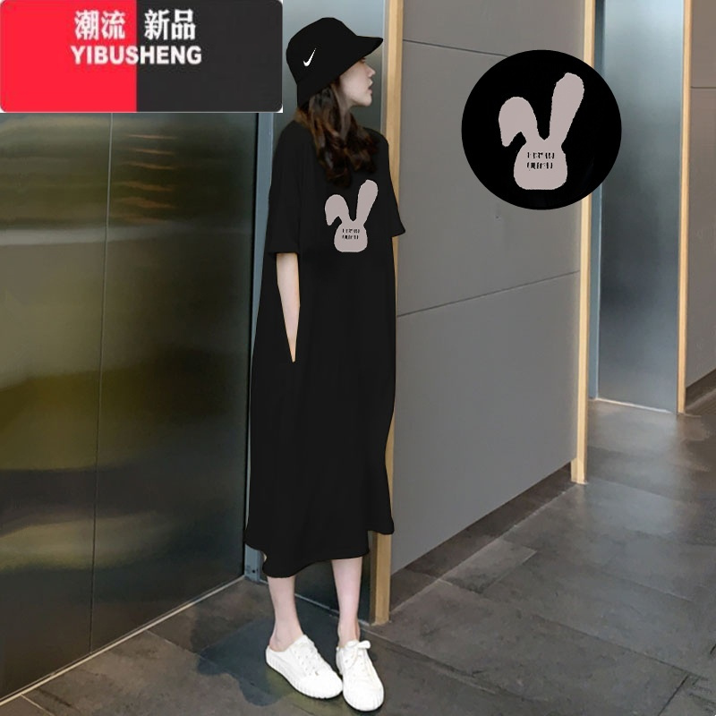 YIBUSHENG2024年新款季t恤裙子宽松大码显瘦短袖连衣裙女装开叉长裙