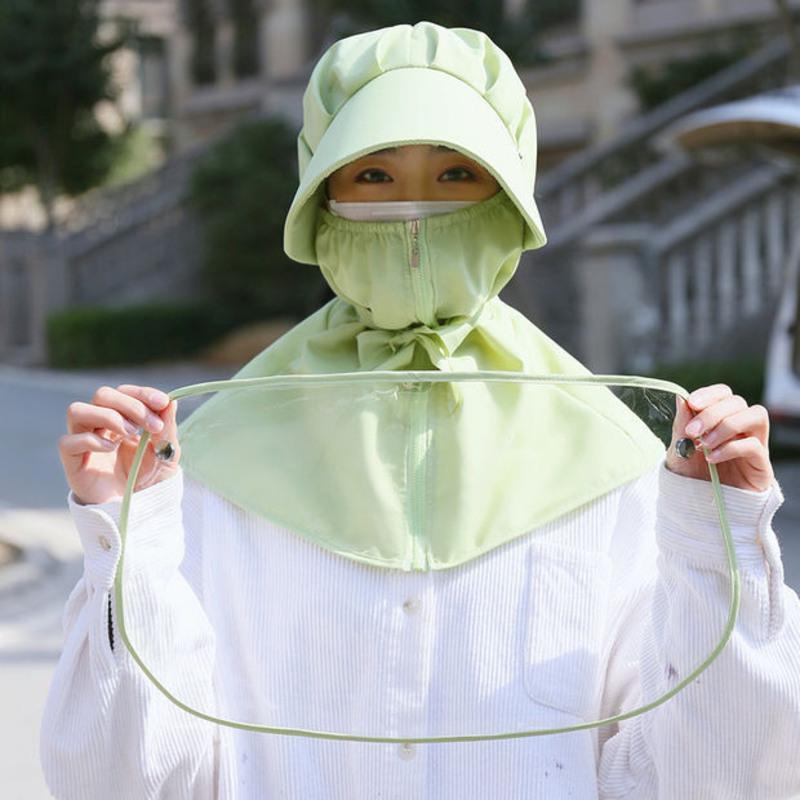 防晒帽子女遮脸防紫外线遮阳帽防护面罩防飞沫隔离防尘骑车太阳帽 水晶面-绿色 儿童(50-54cm)