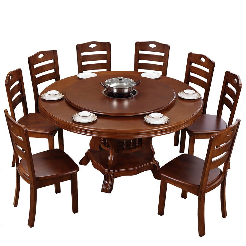 赛可优新款实木餐桌椅组合大圆桌饭桌带转盘家用圆形餐桌带电磁炉火锅