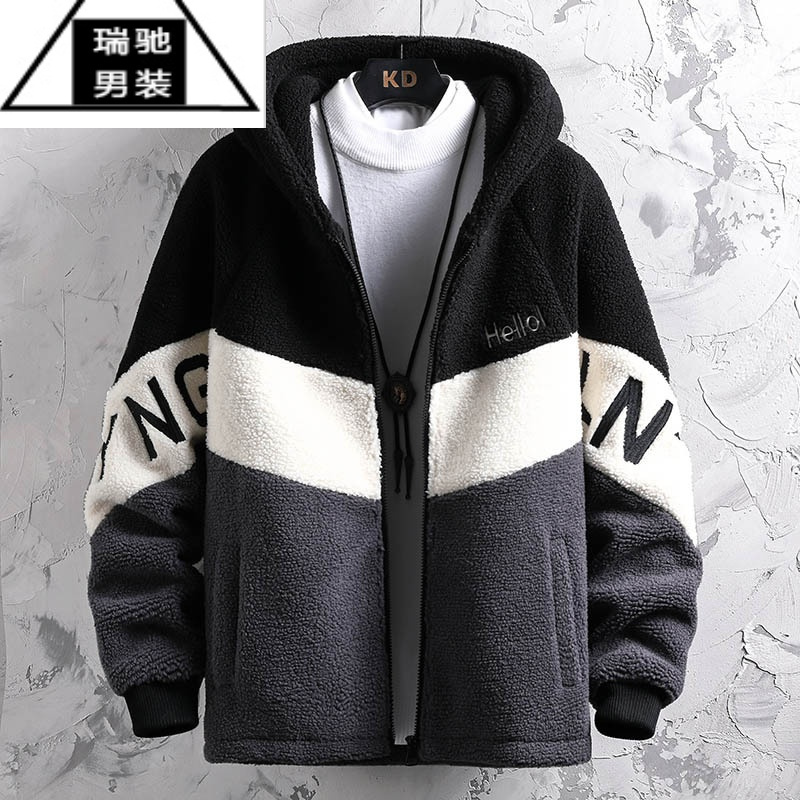 希杰狮王羊羔毛绒外套男士新款加绒加厚秋冬季颗摇粒绒夹克棉服青少年