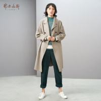 鄂尔多斯1980 通勤简约中长款女士羊绒大衣百搭双排扣毛呢外套