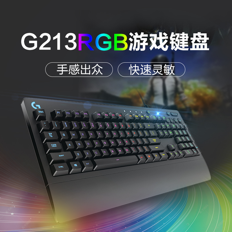 罗技(Logitech)G213 RGB炫光游戏键盘有线背光竞技机械手感带一体式掌托掌托赛博朋克LOL吃鸡键盘舒适耐用