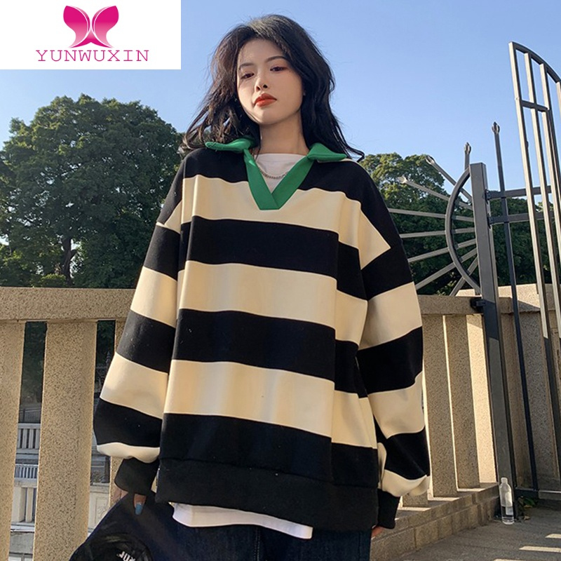YUNWUXINulzzang减龄大条纹加绒卫衣女大码宽松hiphop高街外套嘻哈潮ins酷