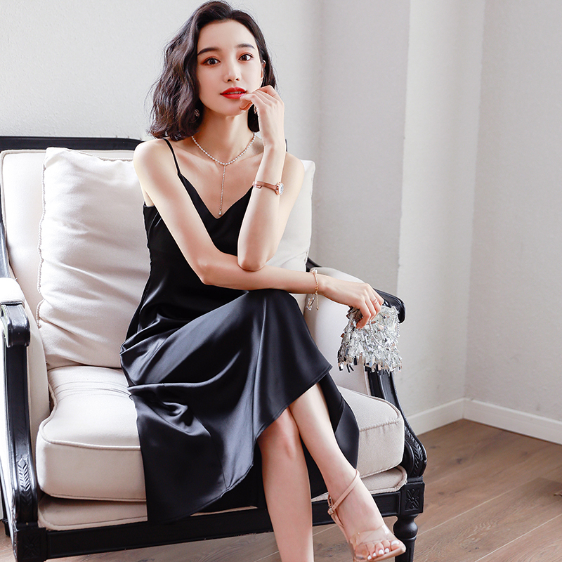 suntek吊带睡裙女性感夏季宫廷风冰丝睡衣裙子长款过膝吊带裙女士家居