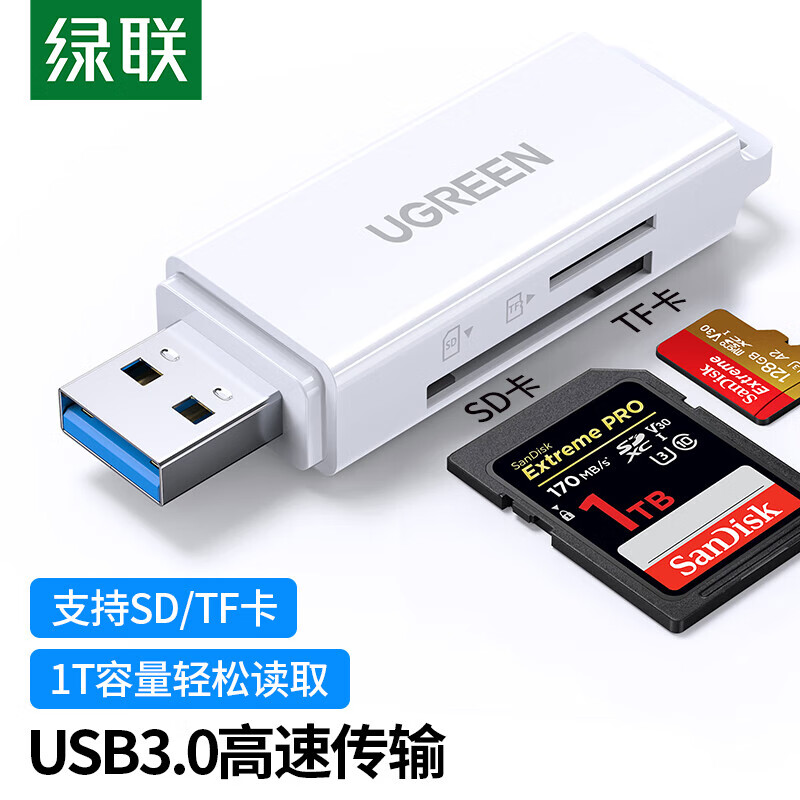 绿联(UGREEN)40751 高速读卡器 二合一 USB3.0 白色(5个装)高清大图