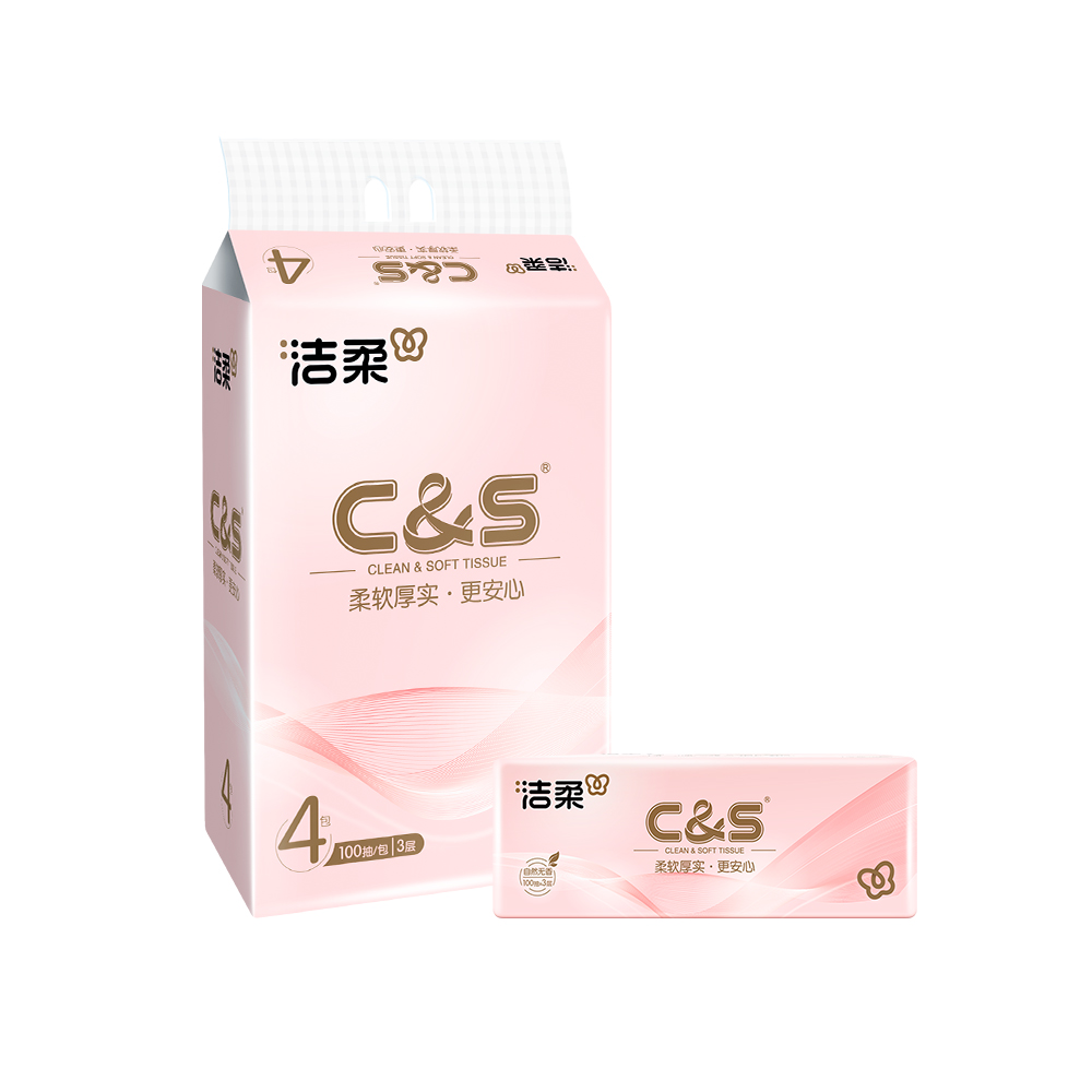 洁柔 牌纸面巾(粉色软抽)100抽3层(4包装)TR056501A