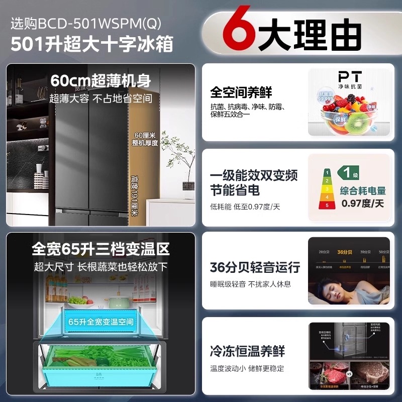 美的新品501L十字双开四门大容量家用电冰箱官方一级超薄风冷无霜高清大图