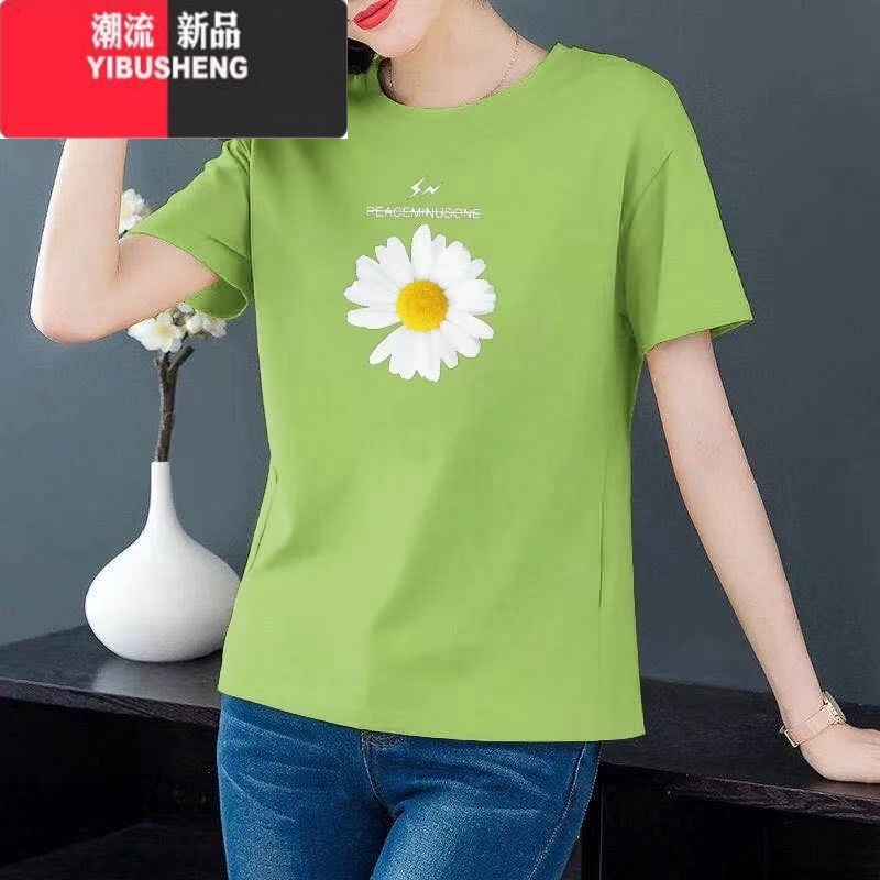 YIBUSHENG季短袖t恤女宽松欧洲站大码胖mm女士半袖体桖百搭显瘦上衣高清大图