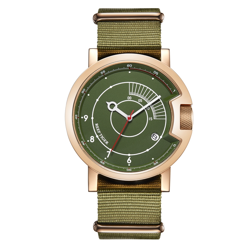 瑞夫泰格REEF RIGER正品手表户外男士创意全自动机械表男表尼龙带防水时尚潮流简约日历腕表RGA9035 玫金绿面绿带
