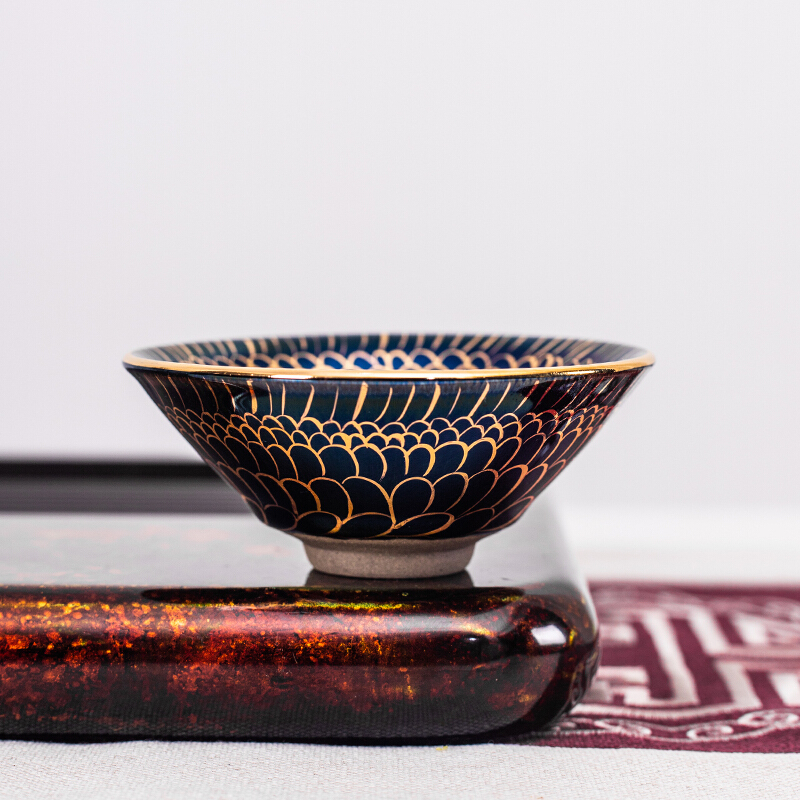 铭陶满堂建阳梦蝶鎏金鹧鸪官帽盏花边手工主人杯建盏陶瓷茶杯官帽盏