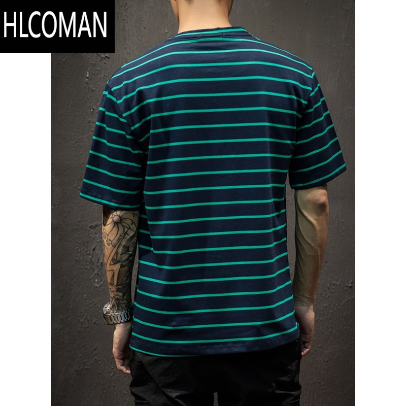 HLCOMAN日系条纹短袖T恤男款潮牌2025新款大码衣服夏季宽松男士半袖体恤
