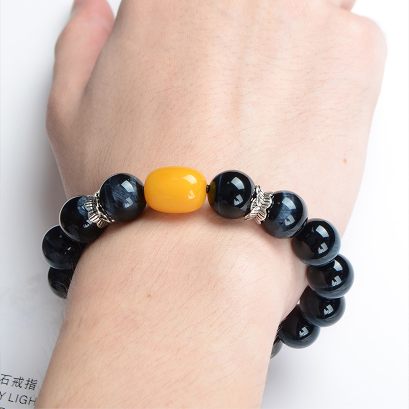 shecentury12mm蓝虎眼蜜蜡圆珠手链木变石手串送爸爸父亲节礼物