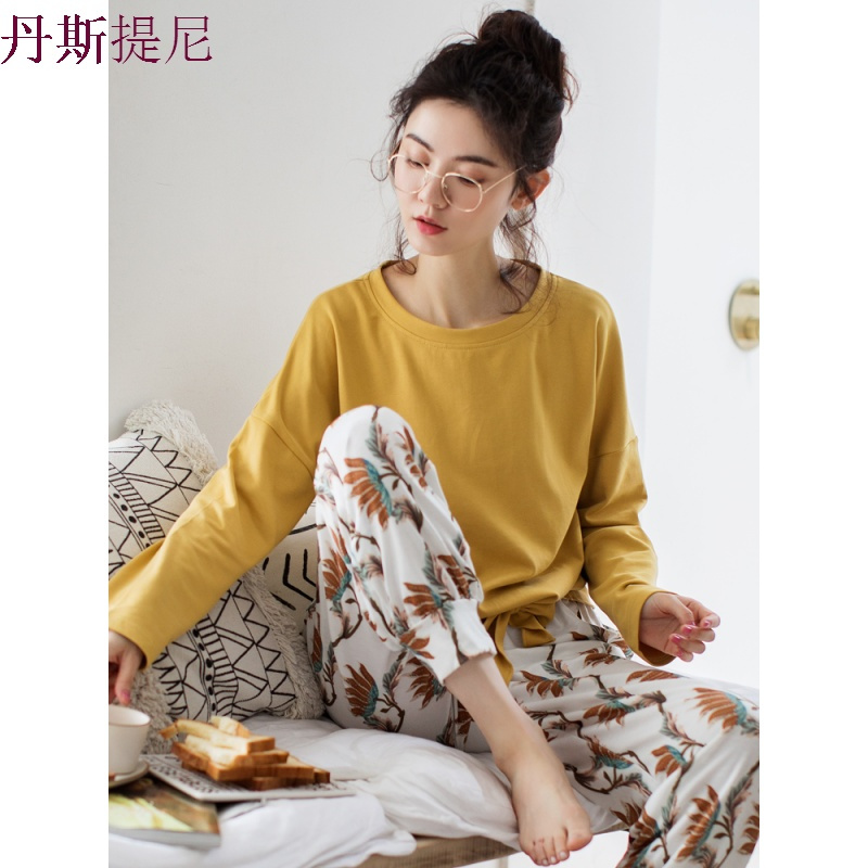 睡衣女春秋纯棉长袖可外穿韩版清新学生蝴蝶结圆领宽松家居服套装