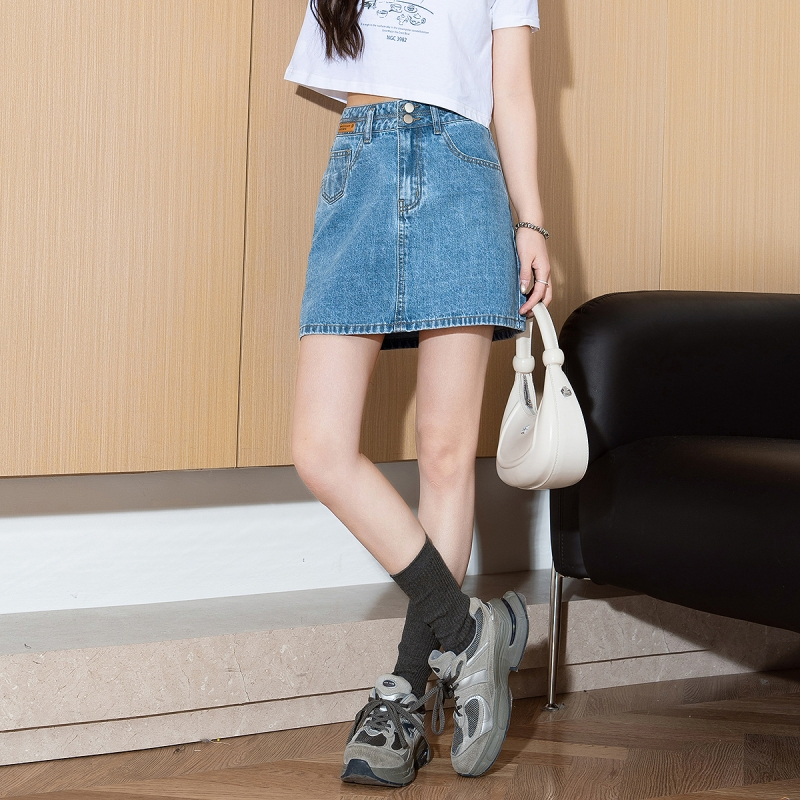 唐狮春夏季新款女半身裙流行牛仔蓝色短款高腰显瘦a字裙子