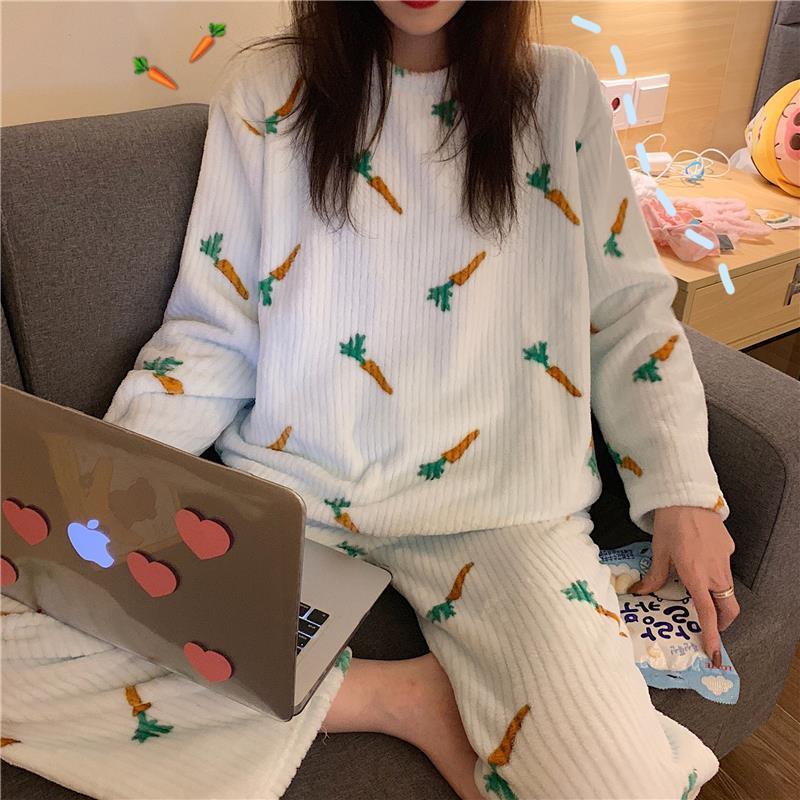 睡衣女ins风春秋季可爱女生网红套装款韩版甜美冬天海岛绒家居服