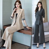 小样传奇 西服套装女洋气春秋2021双排扣西装职业两件套设计感阔腿裤轻熟风
