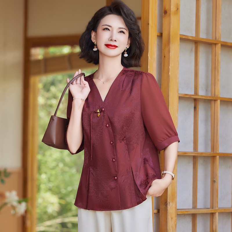 纤孜雅 中年妈妈夏装新中式国风t恤小衫套装新款洋气女装婆婆两件套 红色 4XL