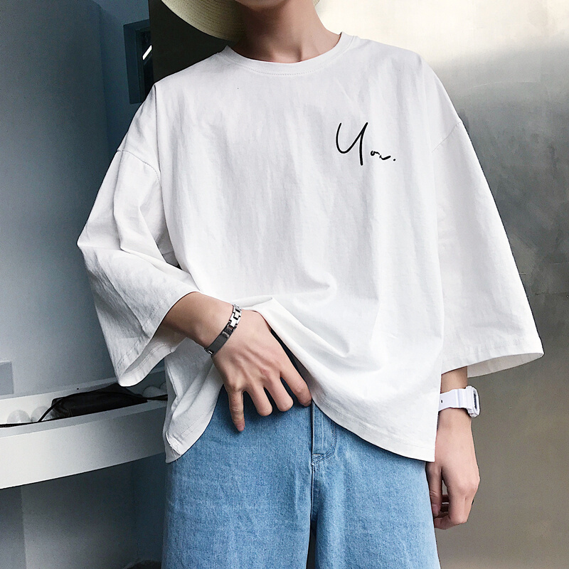 超火7分七分袖男宽松夏季小清新流衣服个性时尚t恤网红上衣港风抖音