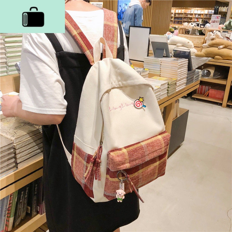 古着感少女书包女韩版高中ins风大学生校园背包格子双肩包女森系NEW LAKE高清大图