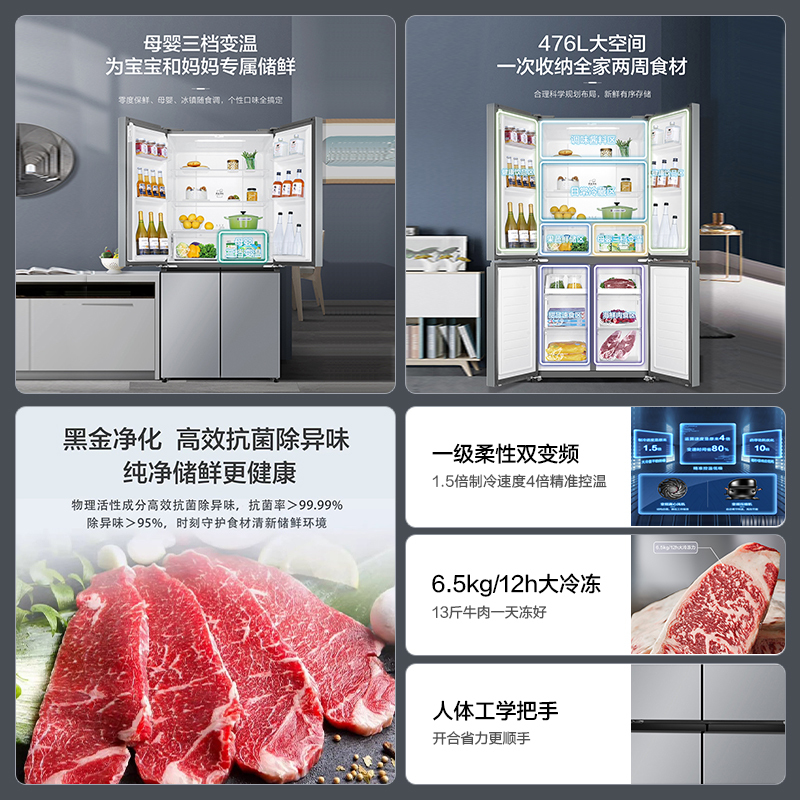 海尔(Haier)476L超薄箱体厨装一体 一级能效三挡变温(零度、冰镇、母婴) 新品BCD-476WGHTDEDXM