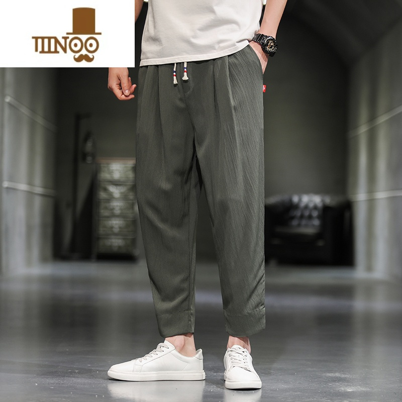 yanxu冰丝裤子男款夏季薄款九分裤宽松直筒亚麻裤棉麻男裤男士休闲裤