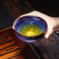領藝 建盏天目拉丝窑变纯银杯主人杯功夫茶具品茗杯主人茶碗茶盏单杯个人杯 海之蓝纯银茶杯(莲花)