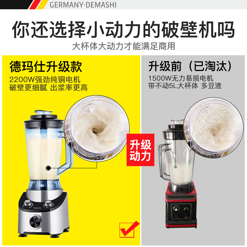 德玛仕(DEMASHI)现磨豆浆机商用 果汁沙冰破壁机商用5L大容量 五谷磨浆机商用家用无渣免过滤 DMS-2200