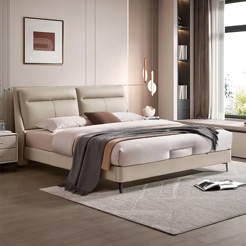 高脚现代极简真皮双人软靠包主卧次卧室真皮床高清大图