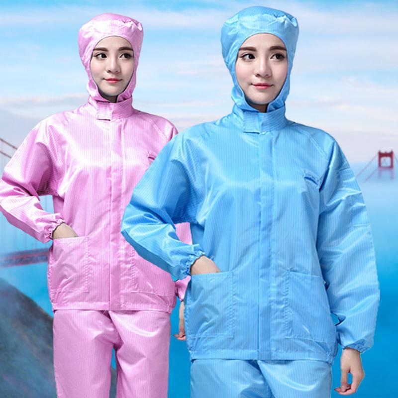 防尘服连帽分体无尘防护服防静电衣服喷漆套装女蓝白色工作厂服男 [蓝]连帽上衣.不含裤子 S