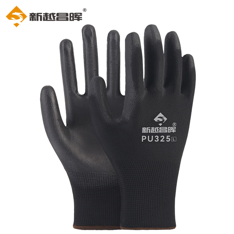 新越昌晖 PU尼龙涂掌劳保手套 耐磨涂层防滑透气 工地工作干活 PU508 黑色60副/L码