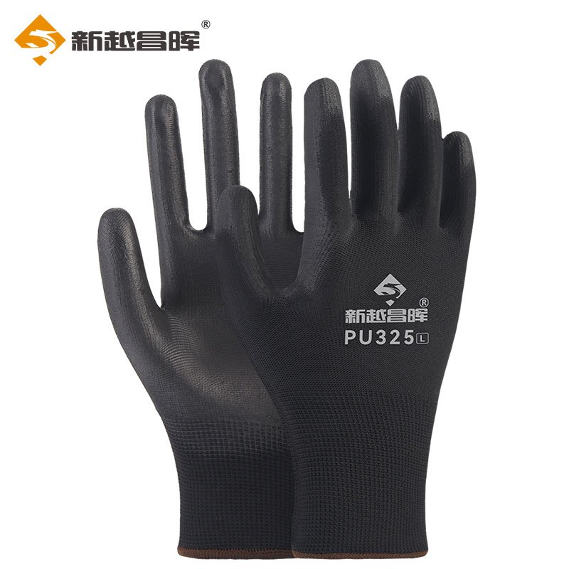 新越昌晖 PU尼龙涂掌劳保手套 耐磨涂层防滑透气 工地工作干活 PU508 黑色60副/L码