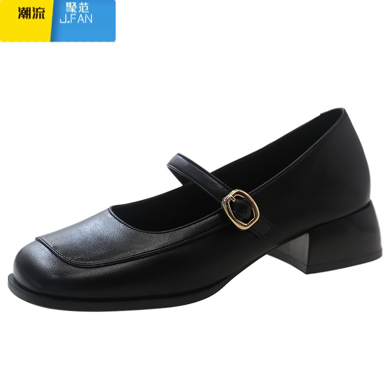 聚范法式浅口单鞋女2024夏季新款粗跟方头配裙子高跟鞋一字带玛丽珍鞋 黑色 35脚胖拍大一码