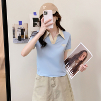 唐狮新款短袖polo衫女夏季V领辣妹t恤打底衫短款流行漂亮上衣