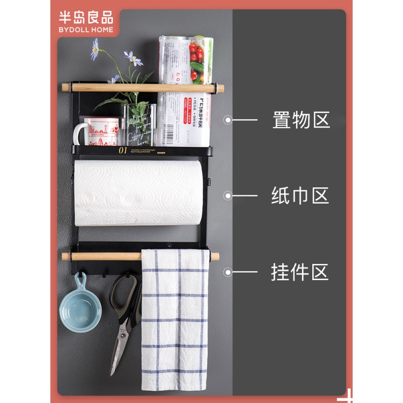 日式简约铁艺冰箱挂架强磁铁卷纸巾保鲜袋储物厨房收纳侧壁置物架收纳层架 三维工匠高清大图
