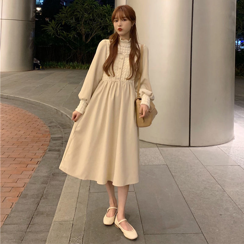 秋季温柔风炸街温柔系穿搭打底连衣裙女装韩版气质内搭a型长裙子 杏色