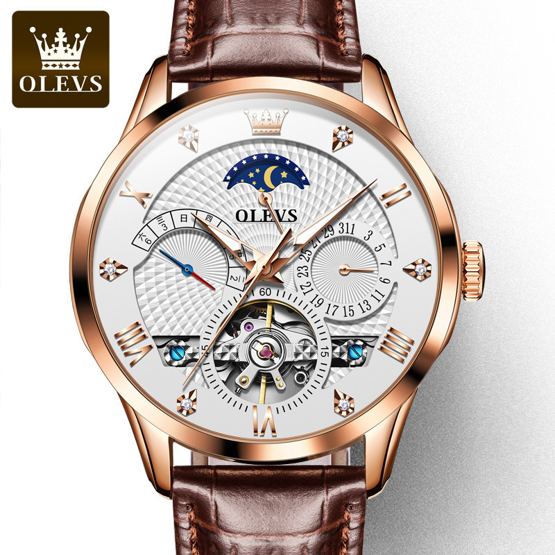 明星代言瑞士欧利时olevs手表男士镂空自动机械表休闲新款真皮防水多