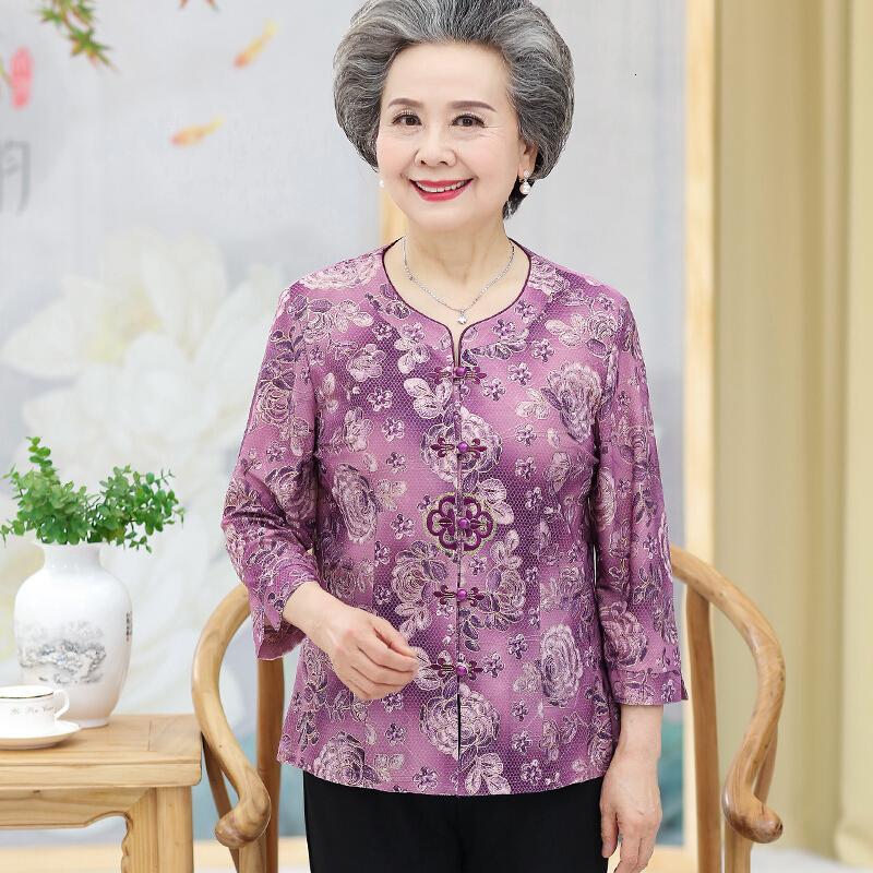 中老年人女装老人衣服妈妈装春装上衣衬衫七分袖套装奶奶夏装衬衣