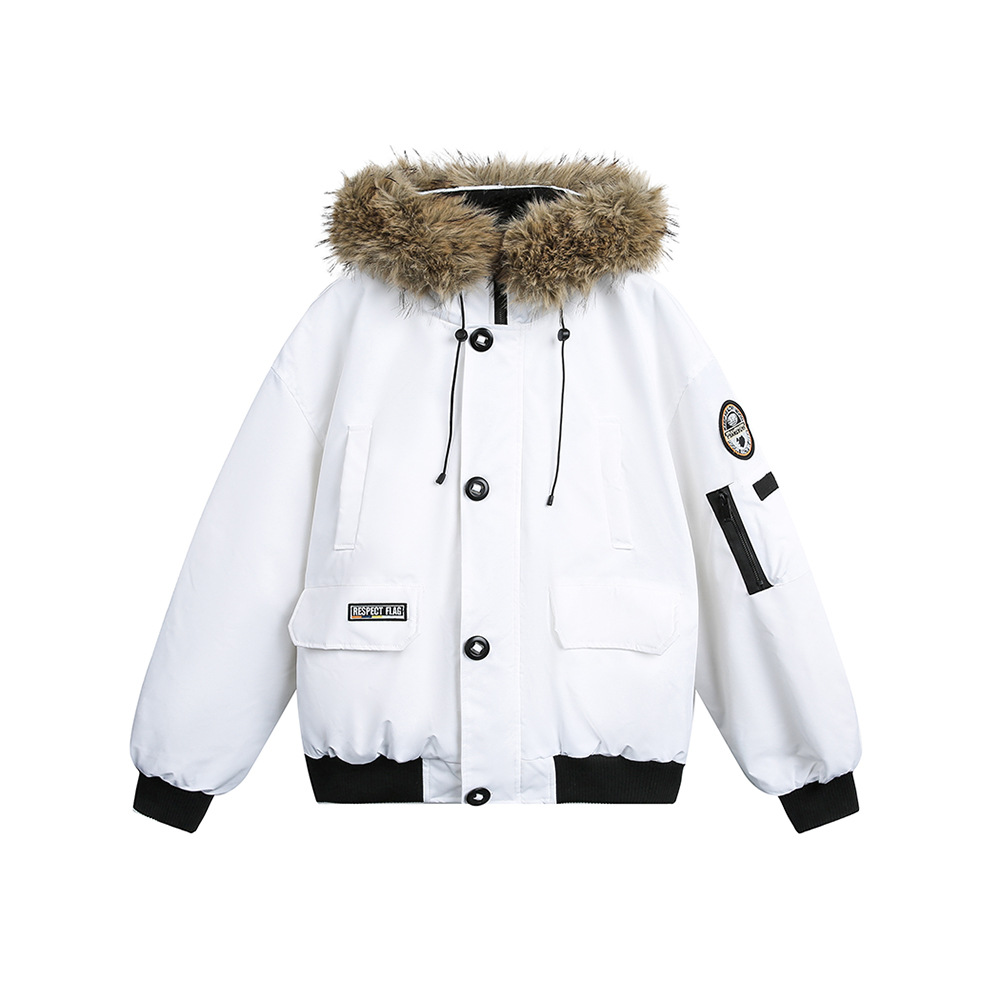 CATTEE美式学院风工装毛领棉衣外套男女冬季棉服宽松大口袋棉袄潮 L 白色