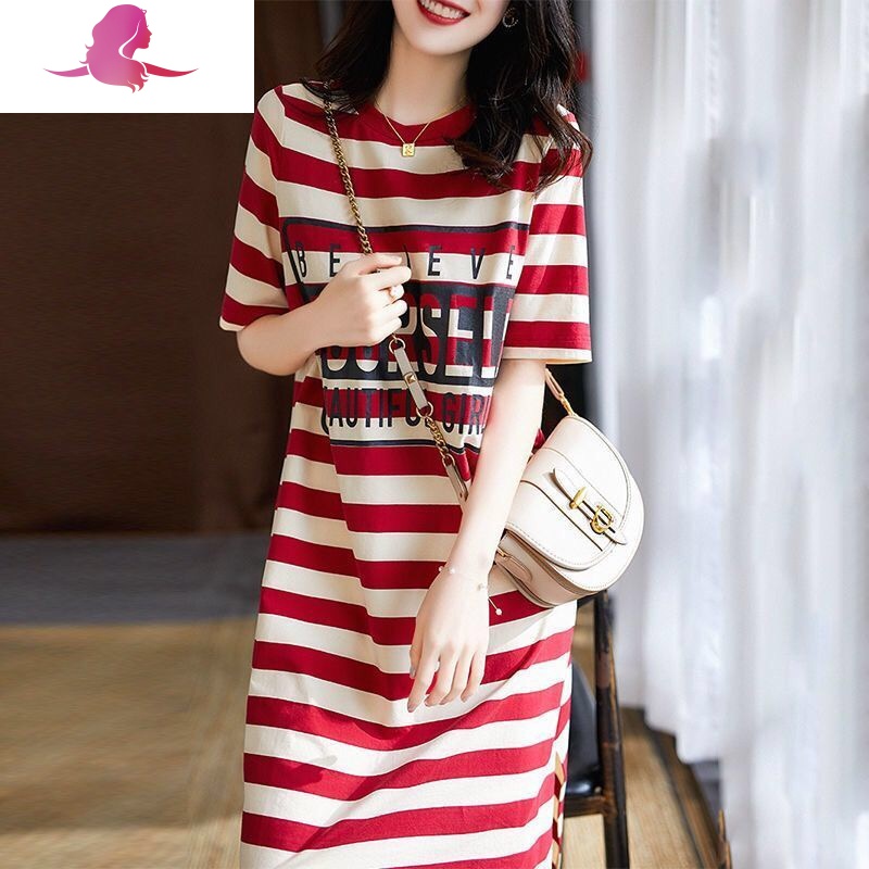 艳如飞2020夏季宽松遮肚显瘦条纹t恤连衣裙女学生韩版长款过膝仙女裙