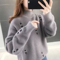 毛衣女半高领秋冬2023新款韩版绣花宽松内搭加厚针织打底衫 XL建议115-125斤 薄款烟灰色