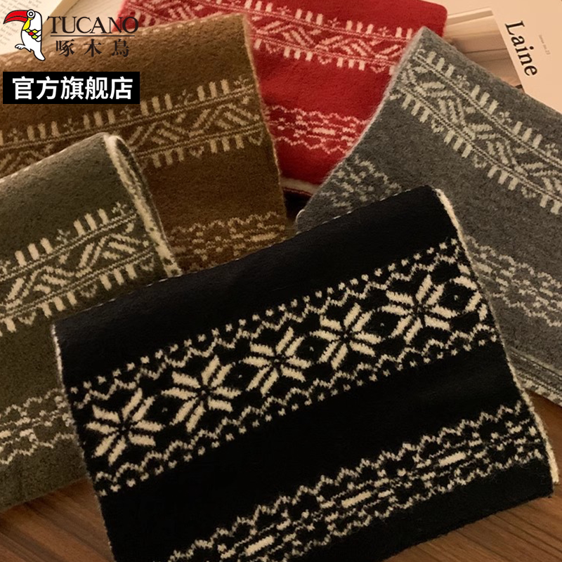 啄木鸟2024冬新款黑白色雪花针织围巾女保暖双面复古文艺围脖冬4高清大图