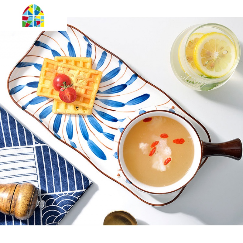 日系餐具套装网红ins 一人食家用陶瓷奶锅韩式 宝宝辅食 创意餐具 FENGHOU 蓝白点早餐锅套装高清大图