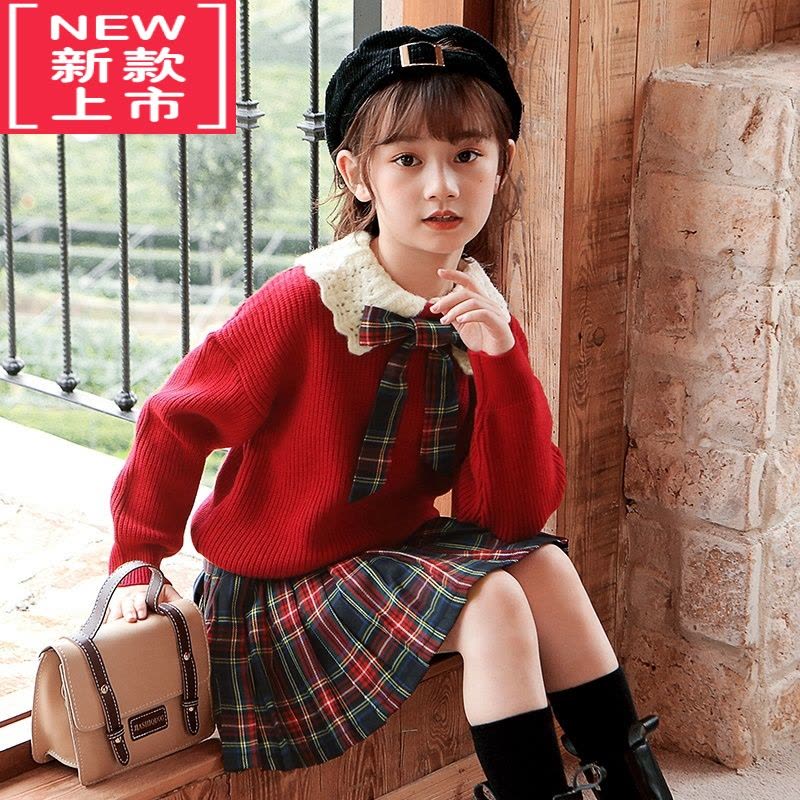 可莉允女童毛衣套装小女孩秋冬季裙子装jk学院风儿童百褶裙2022新款洋气图片