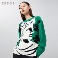 ERDOS 20春夏大卫头像圆领提花撞色设计女羊绒衫针织衫