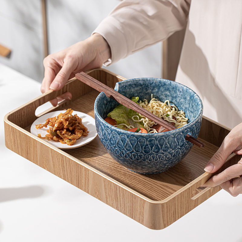 苏氏陶瓷sushiceramics面碗一人食简易餐具饭碗釉下彩花纹高脚碗配木