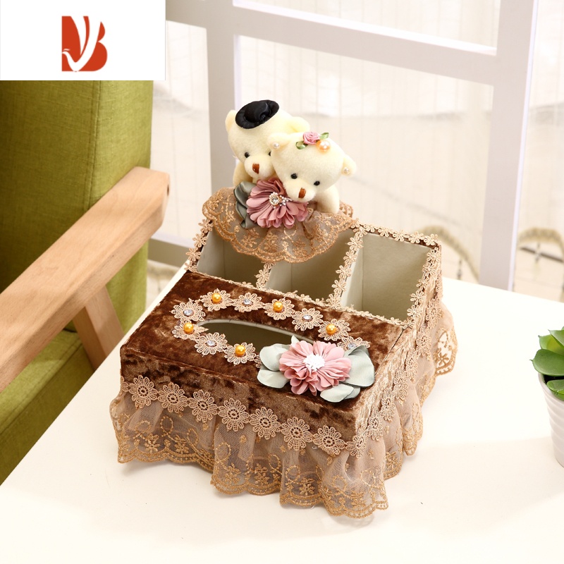 三维工匠布艺多纸巾盒抽纸盒客厅欧式遥控器收纳盒唯美流苏纸巾盒茶几 花颜熊咖色中号多功能