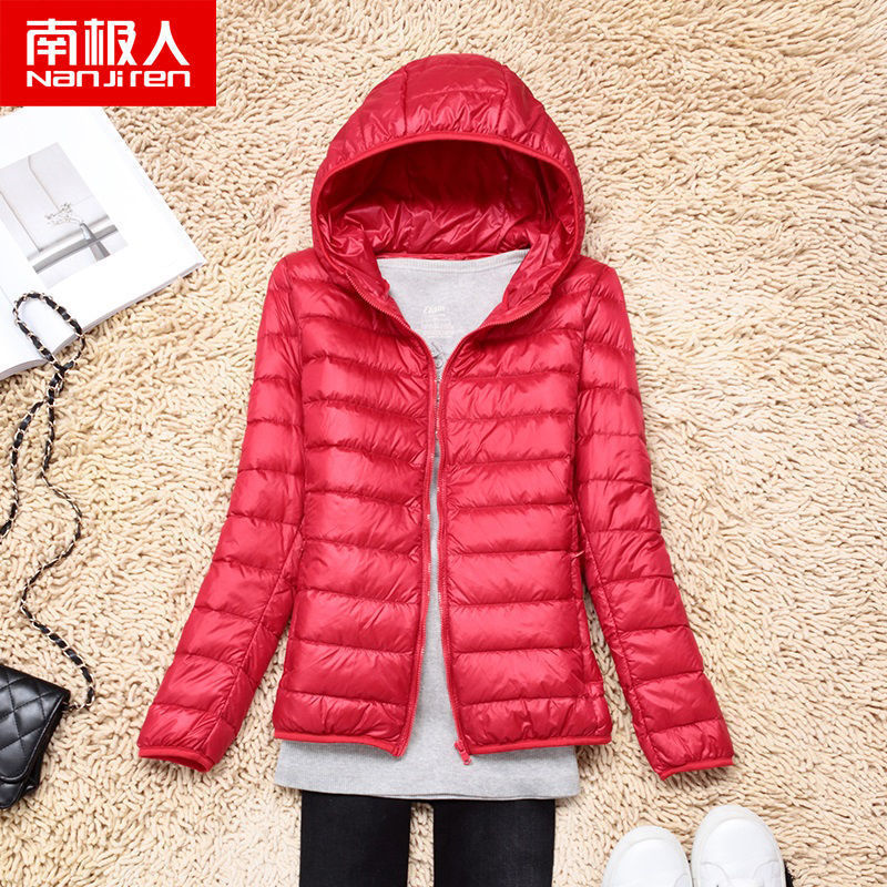 反季清仓轻薄棉服女士短款连帽立领秋冬修身大码学生外套 大红【连帽】 S建议85斤左右