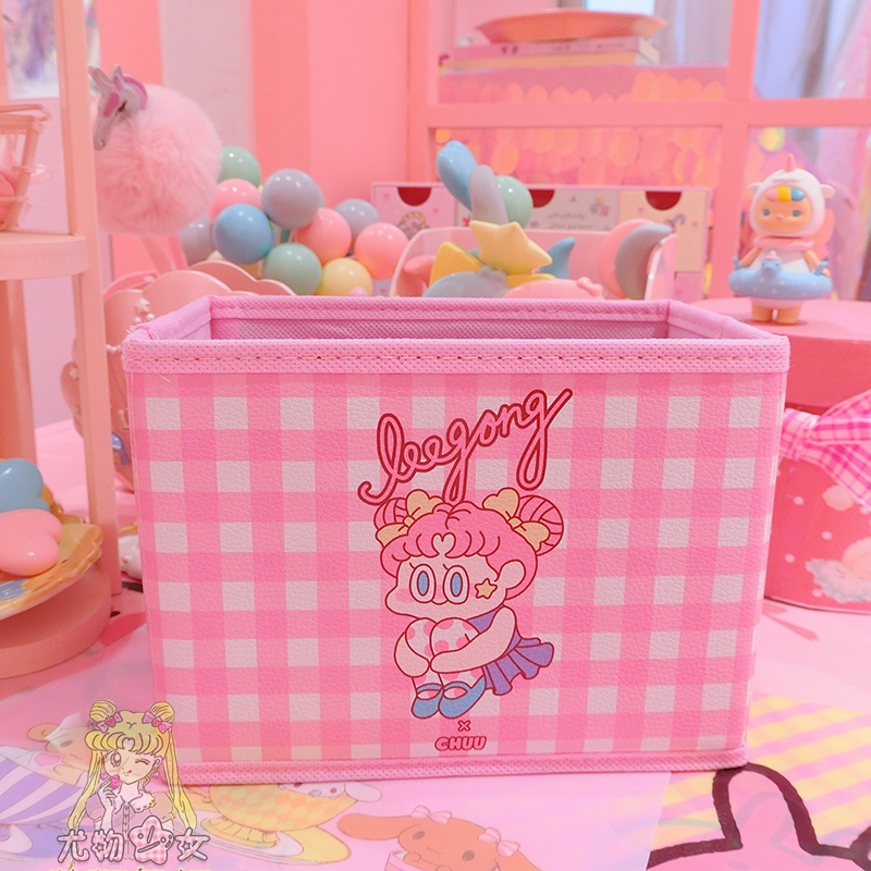 美帮汇少女心粉格子桌面收纳盒折叠书桌书盒书立大容量整理盒高清大图