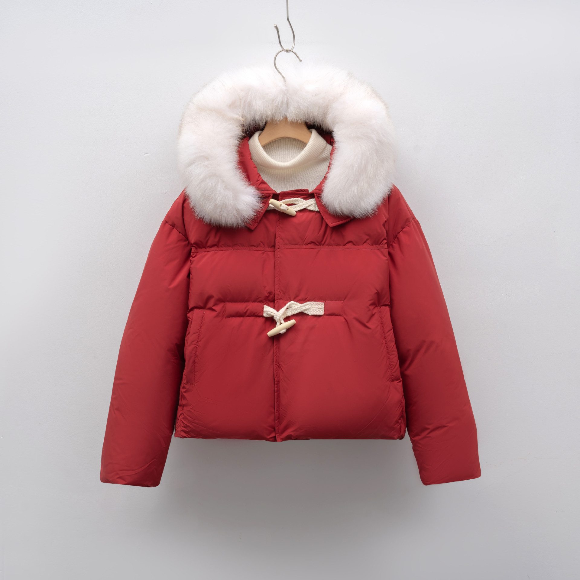 羽绒服连帽加厚狐狸毛羽绒服女大毛领冬季时尚防寒保暖 红色 M